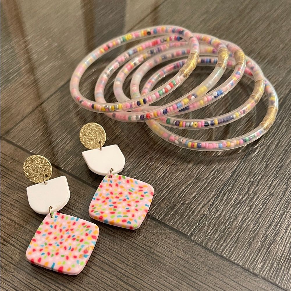 Colorful Confetti Jelly Bangles and Confetti Earrings